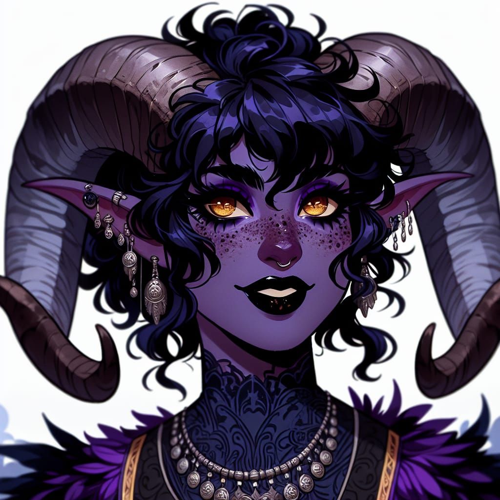 Tiefling Woman with Horns and Amber Eyes