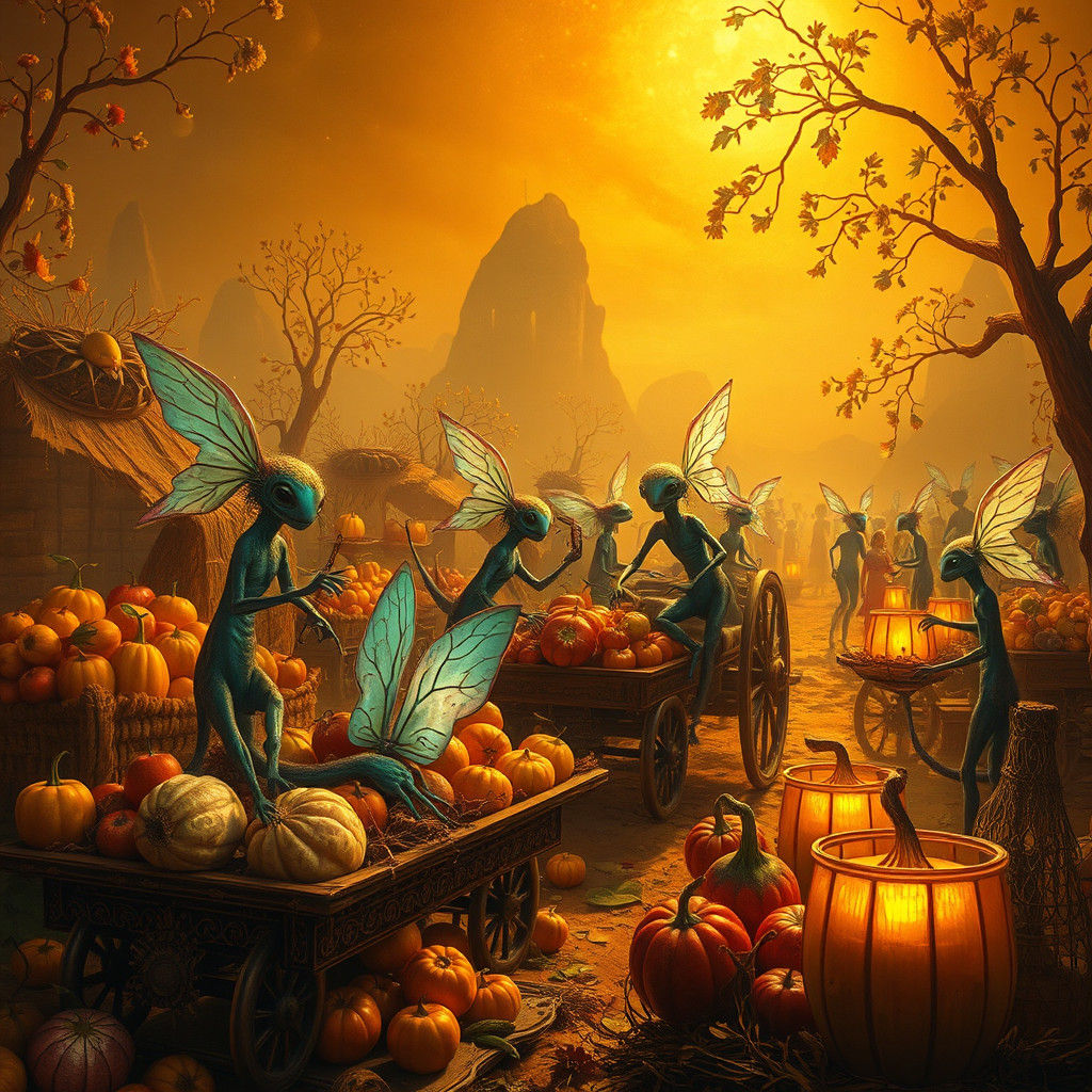 Alien Harvest Festival in Renaissance Folk Art Style
