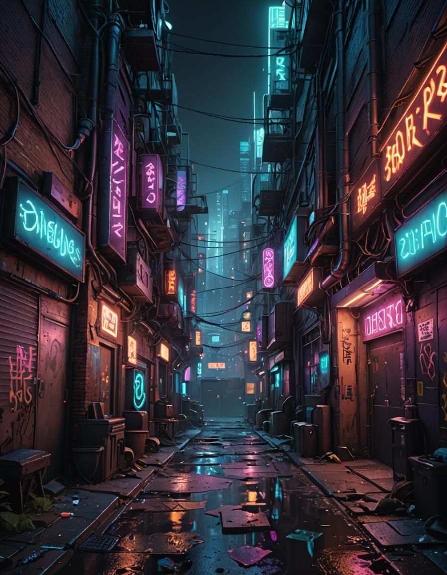 Cyberpunk Back Alley with Neon Lights in 8K