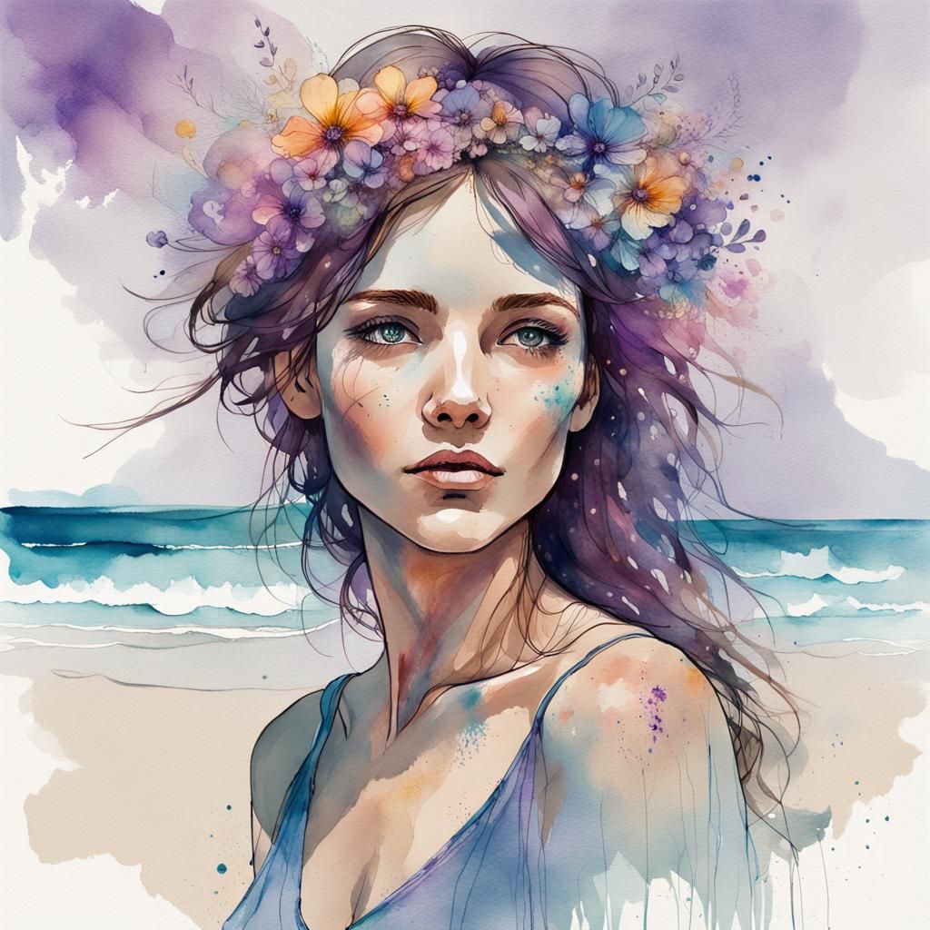 Ethereal Woman with Flowers: Watercolor Splash Art