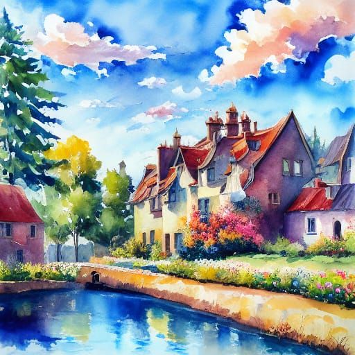 Watercolor Suburban Street Scene with Houses