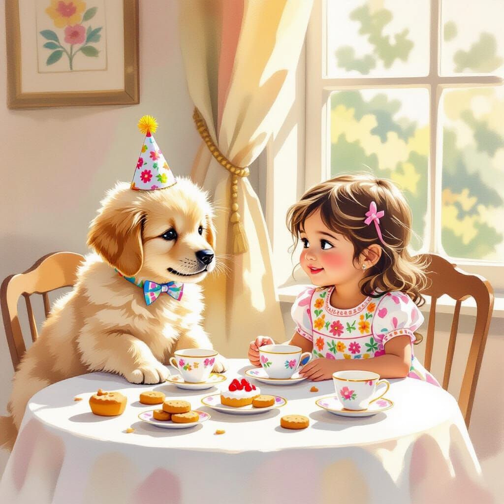 Golden Retriever Puppy Enjoys Tea Party With Indian Girl