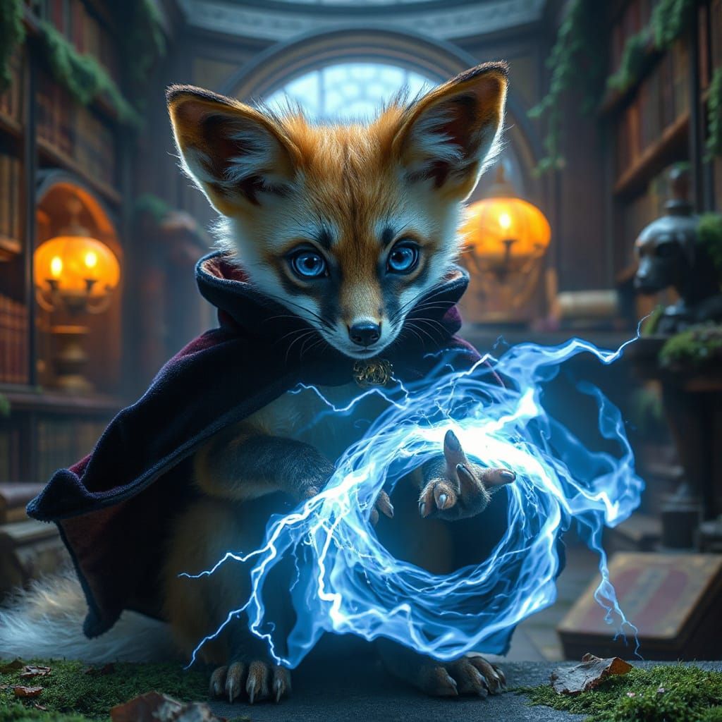 Fennec Fox Sorcerer Conjuring Starlight in Library