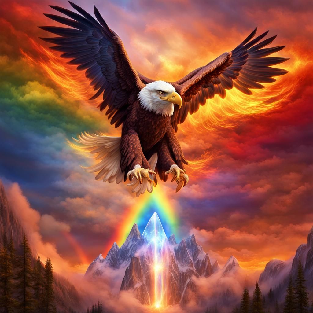 Rainbow Fire Eagle with Sapphire Wheel: Fantasy Art