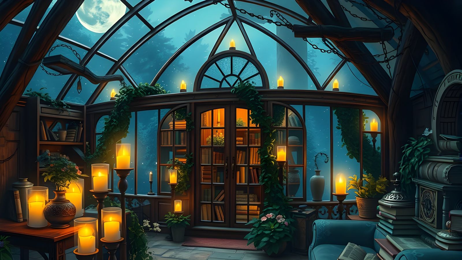 Enchanted Glasshouse Library Under Starlight