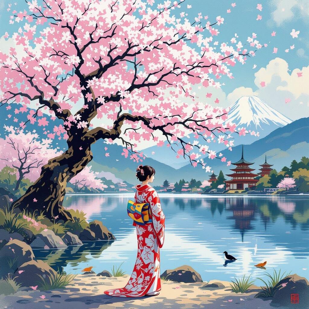 Sakura Tree Landscape in Hokusai Style