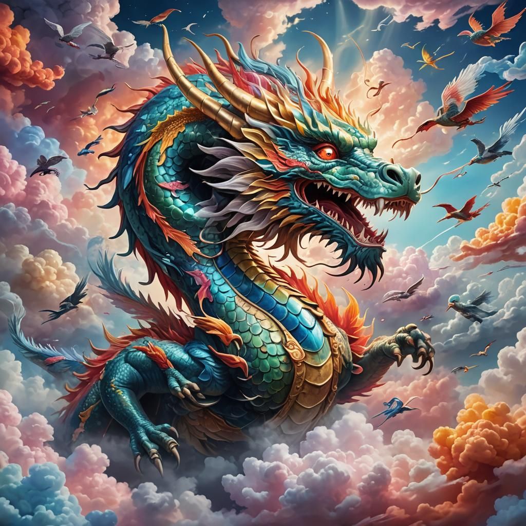 Mythical Cloud Dragon Soaring in Colorful Sky