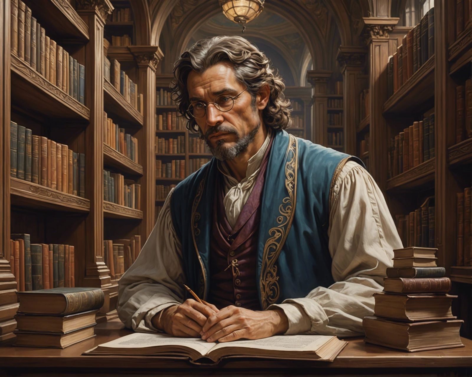Scholarly Portrait Amidst Ancient Library, Hyperdetailed Art