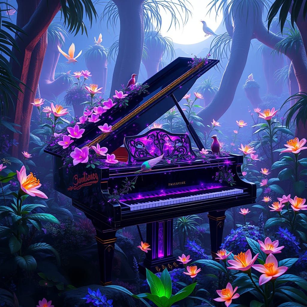 Grand Piano in Bioluminescent Alien Jungle