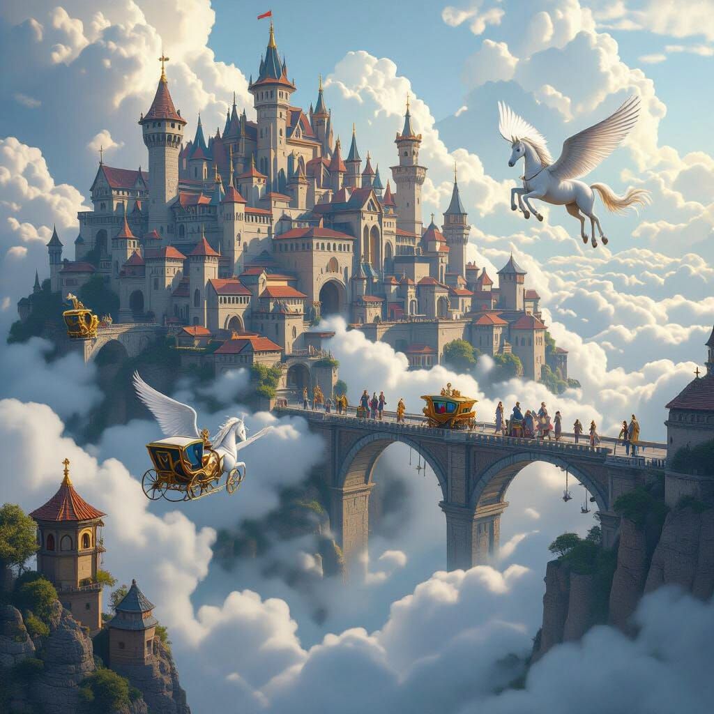Medieval Cloud City with Pegasus Carriages