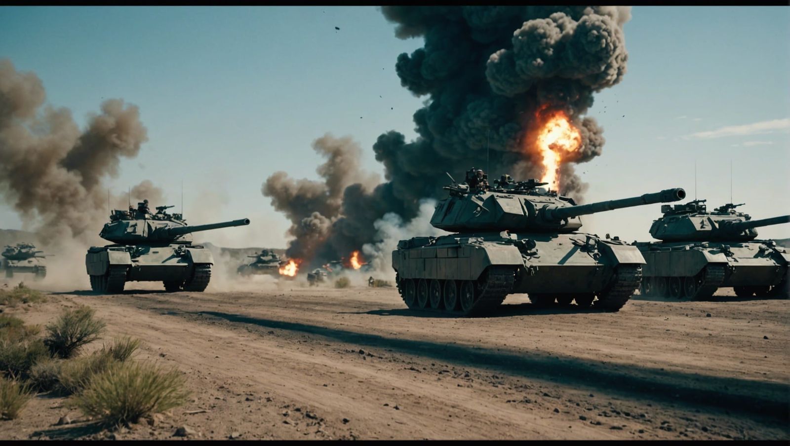 Epic Cinematic War Scene with Tanks and Explosions