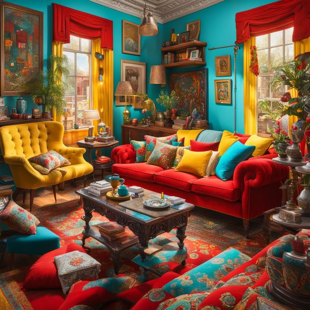Hyperrealistic Maximalist Living Room in Red, Turquoise, and...