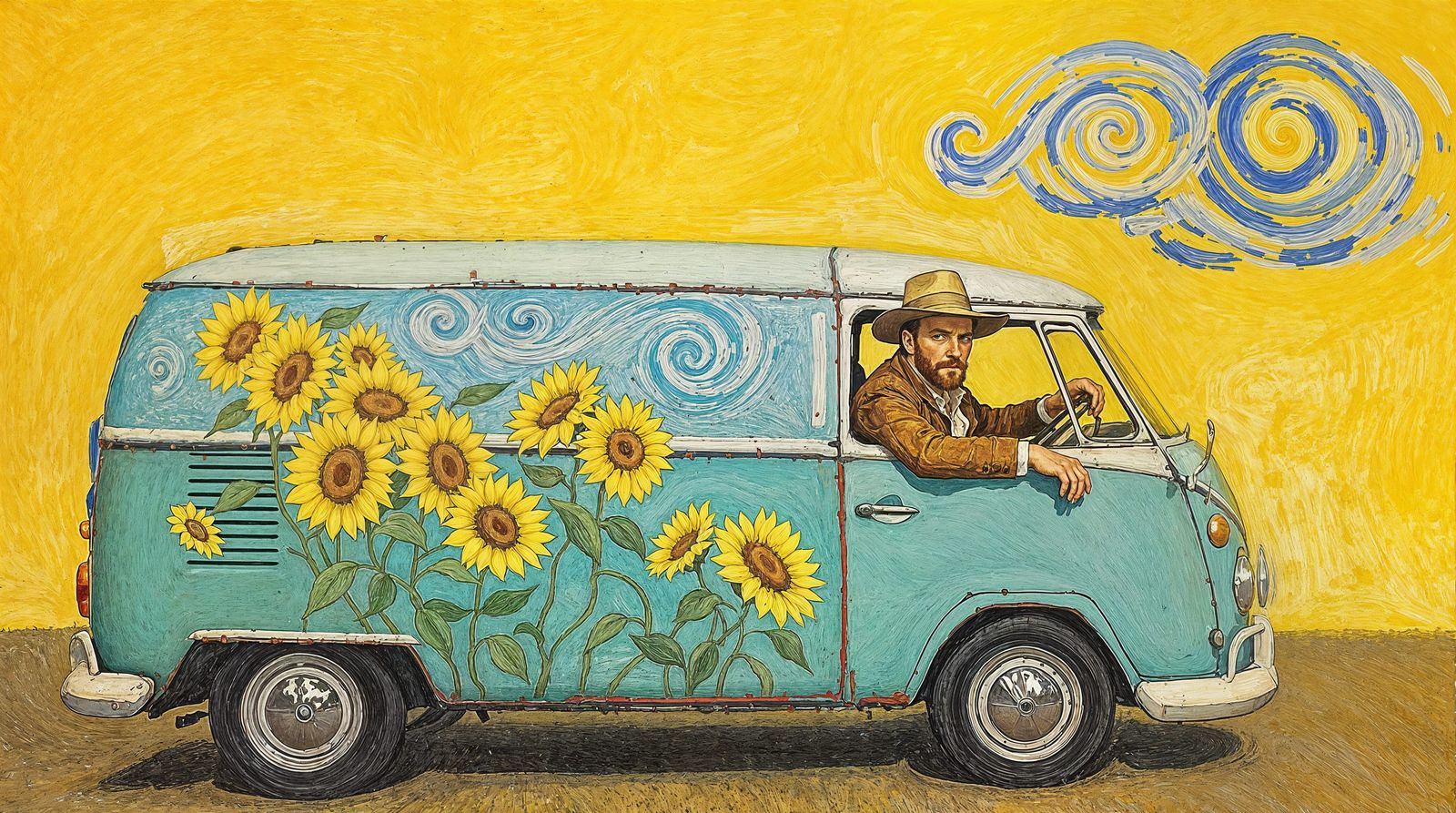 Vincent Van Gogh Drives a Vibrant Sunflower Van