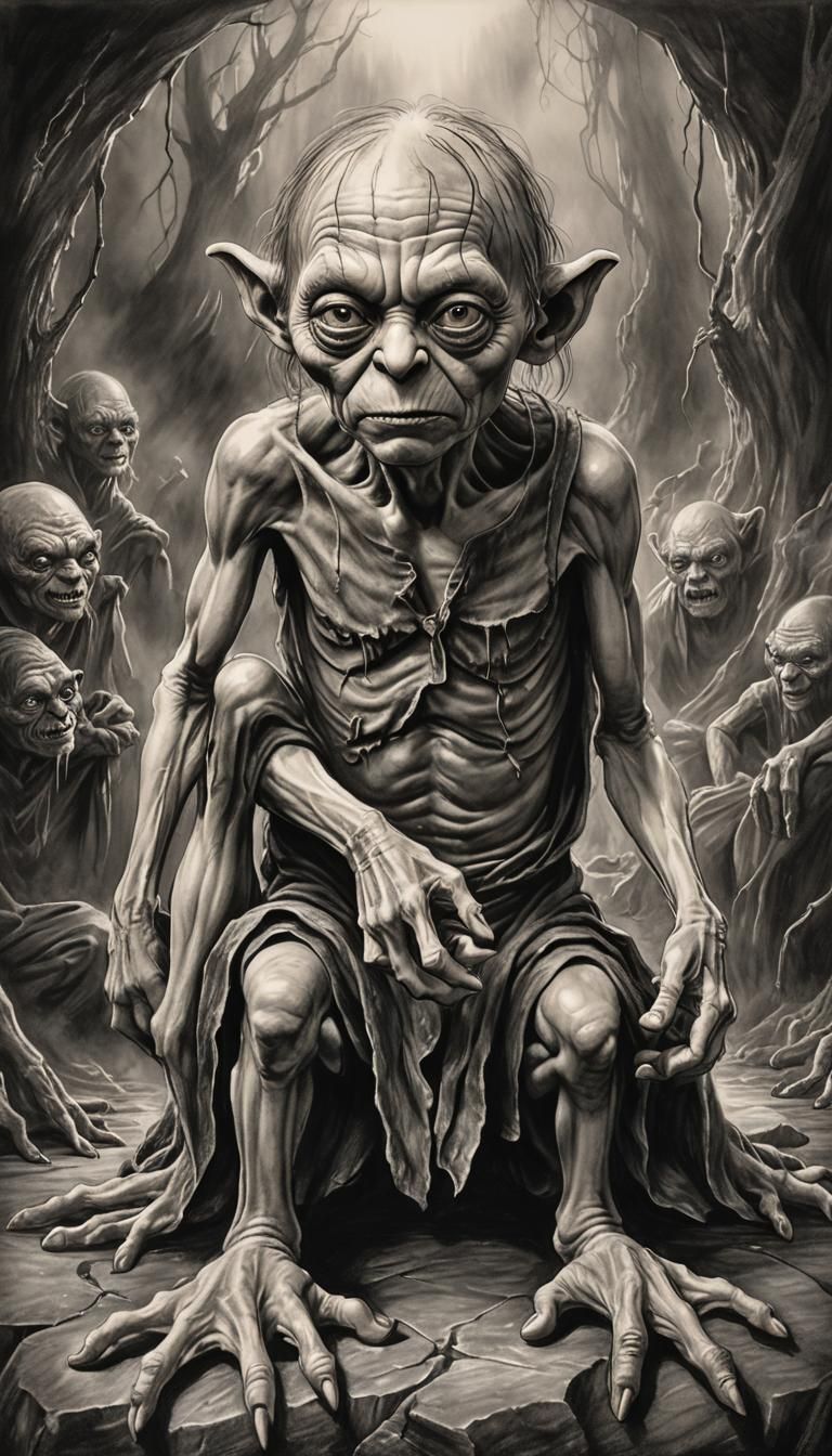 Gollum's Transformation: A Charcoal Drawing of Smeagol's Ret...