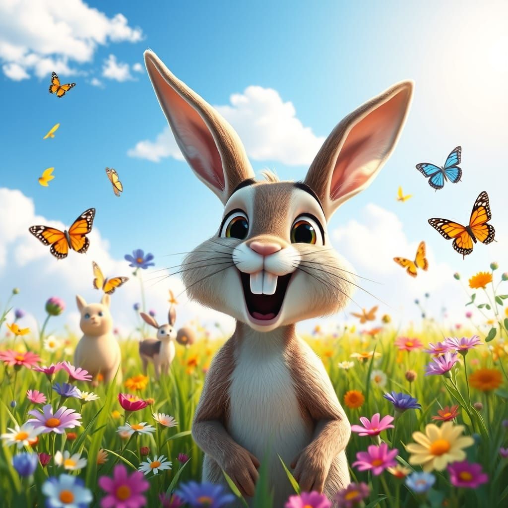 Laughing Rabbit in Whimsical Meadow, Pixar-Style 3D Animatio...