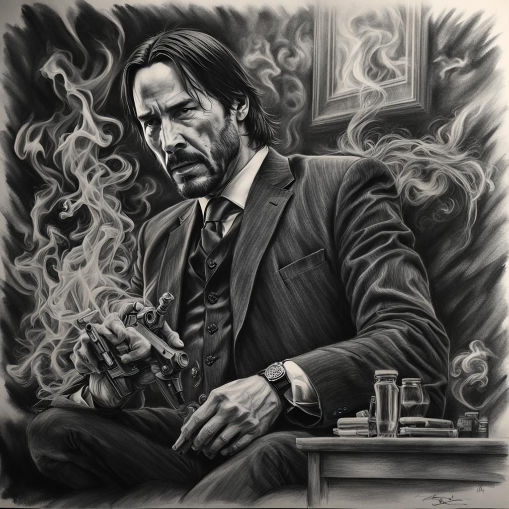 John Wick Charcoal Drawing with Smoke