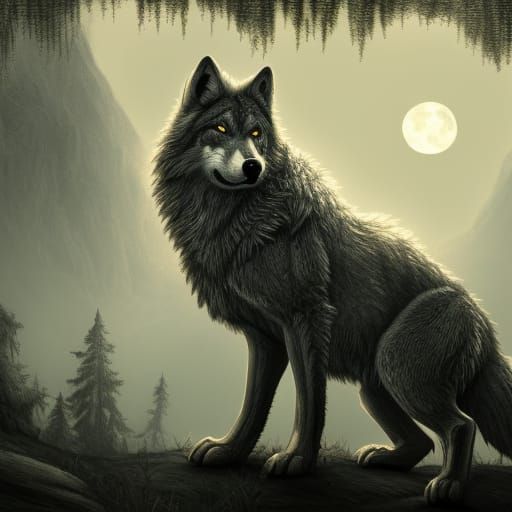 Intricate Wolf in Moonlight: Fantasy Concept Art