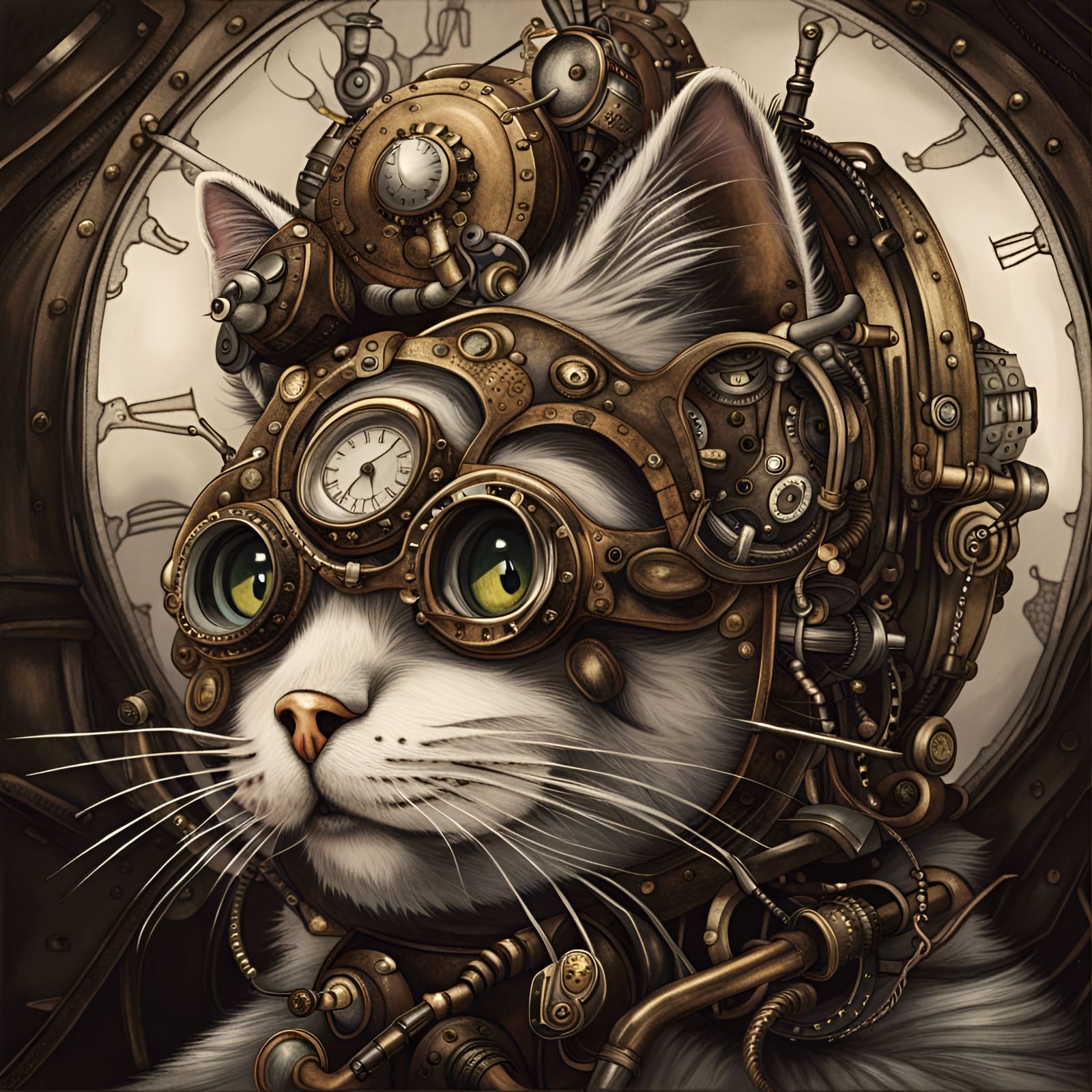 Hyper-Realistic Steampunk Cat with Big Eyes