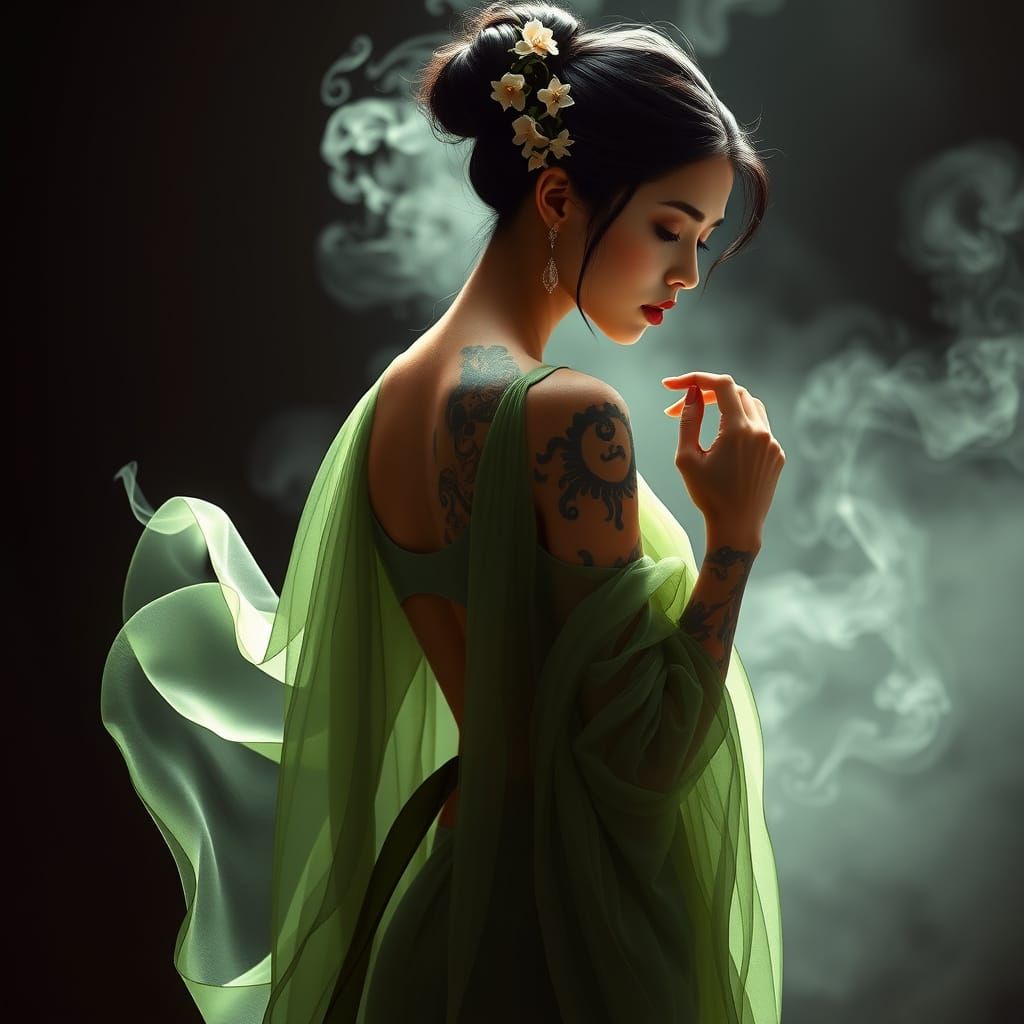 Ethereal Latina Woman with Tattoos in Dreamlike Setting