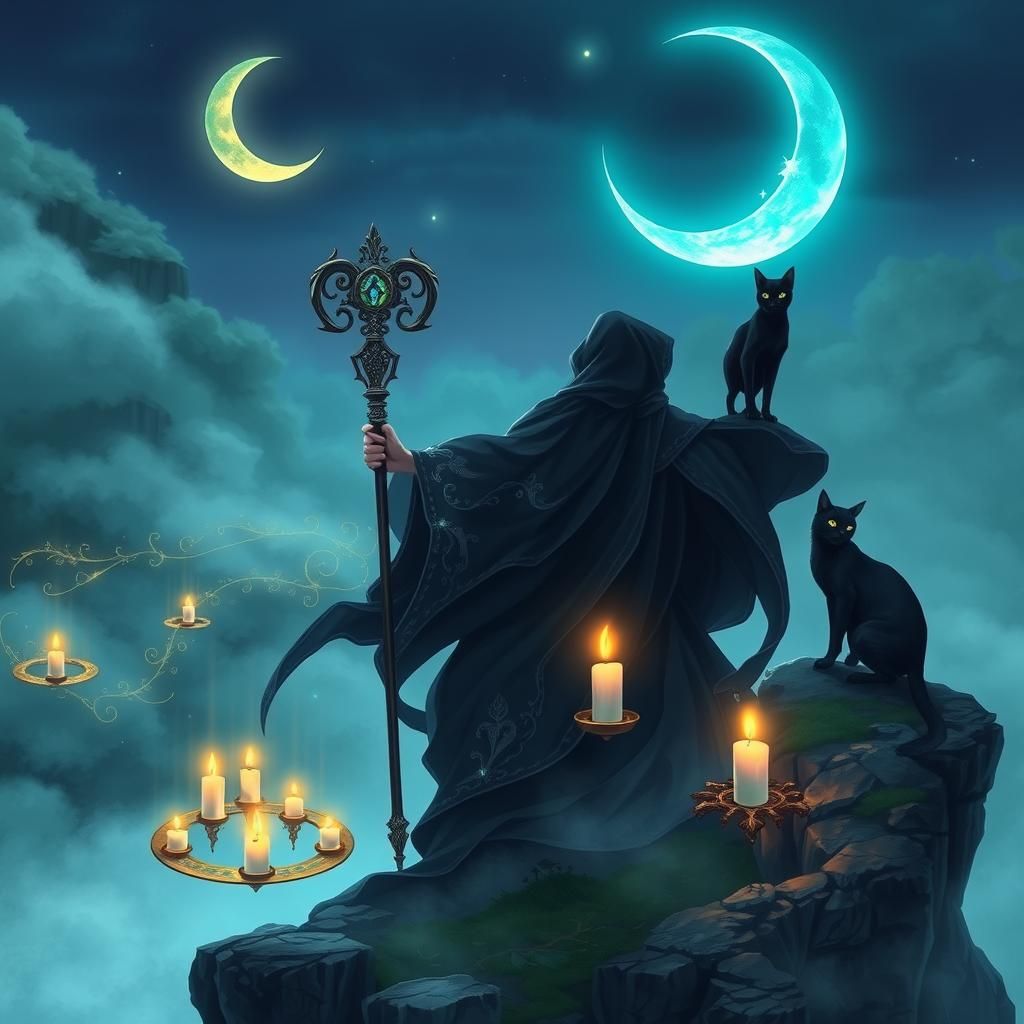 Ethereal Witch on Cliff Under Crescent Moon in Anime Style