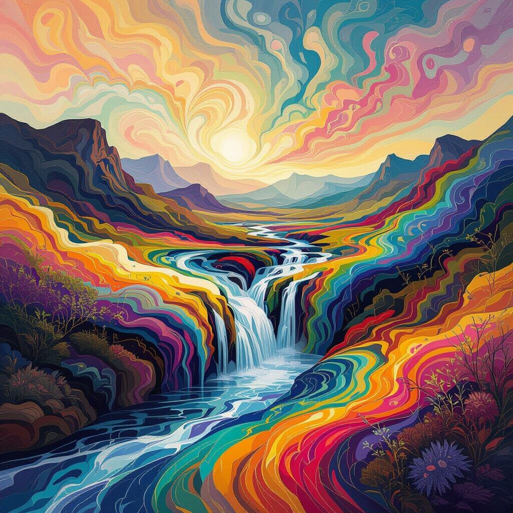 Surreal Abstract Waterfall Landscape with Vibrant Swirls