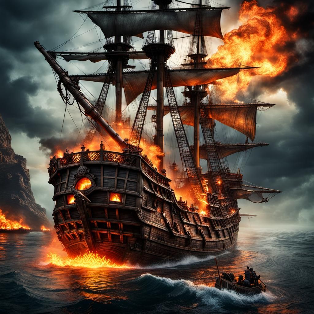 Pirate Ship Sinking into Fiery Depths