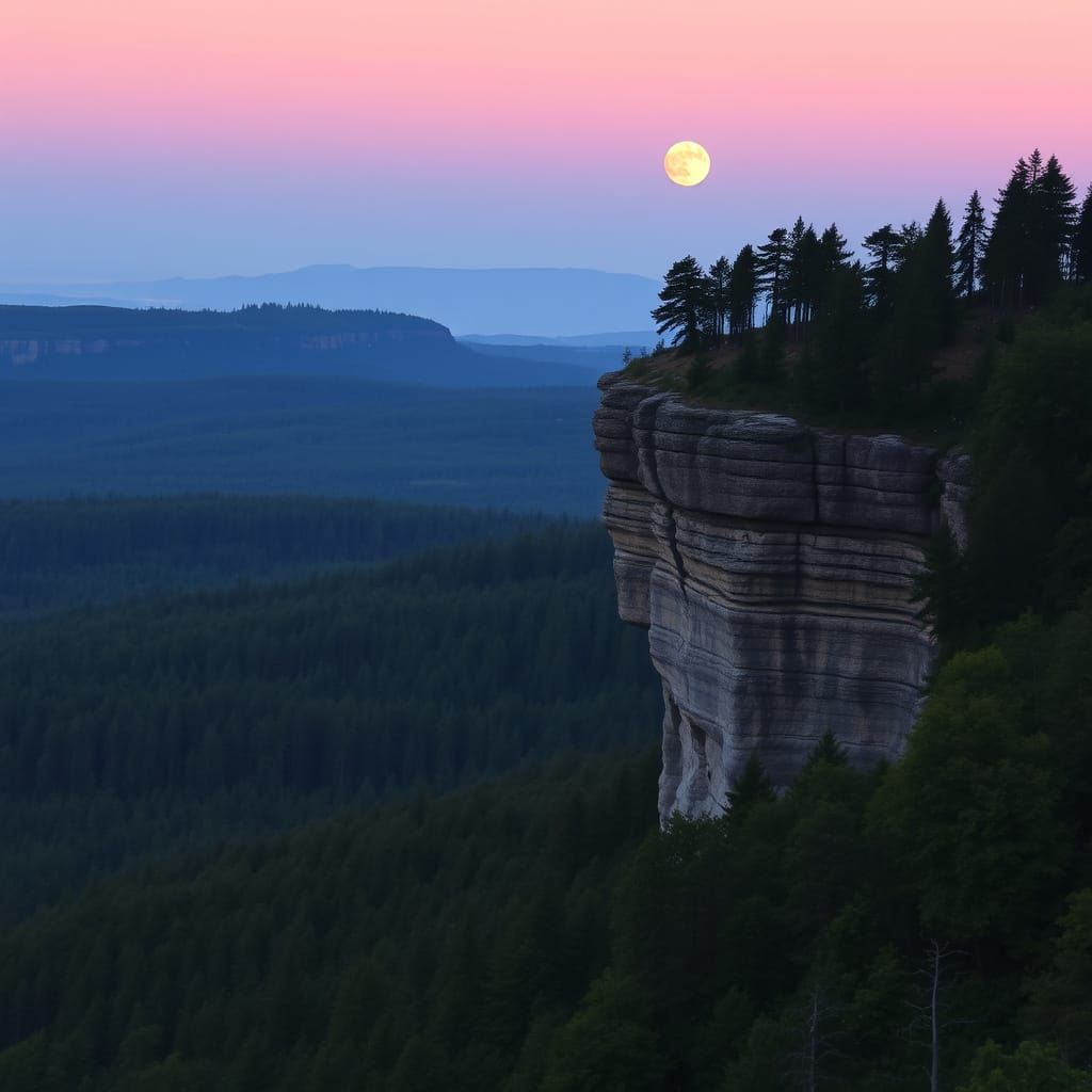 Two Moons Sunset Over Forest Cliff