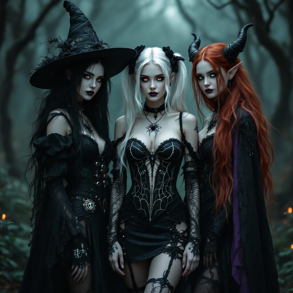 Goth Witches in Dark Forest, Rich Colors and Elaborate Patte...