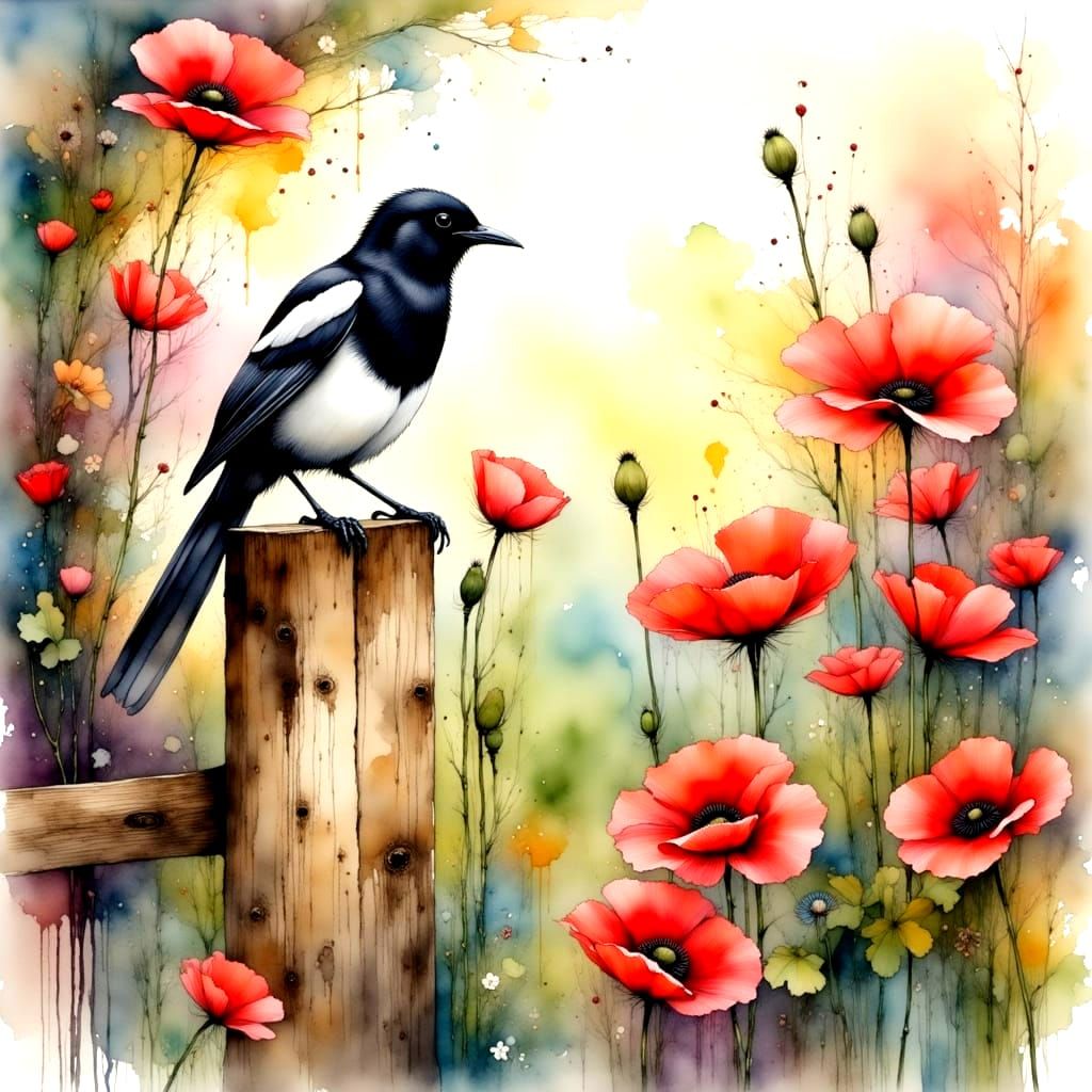 Ethereal Watercolor Magpie Amidst Vibrant Garden Blooms