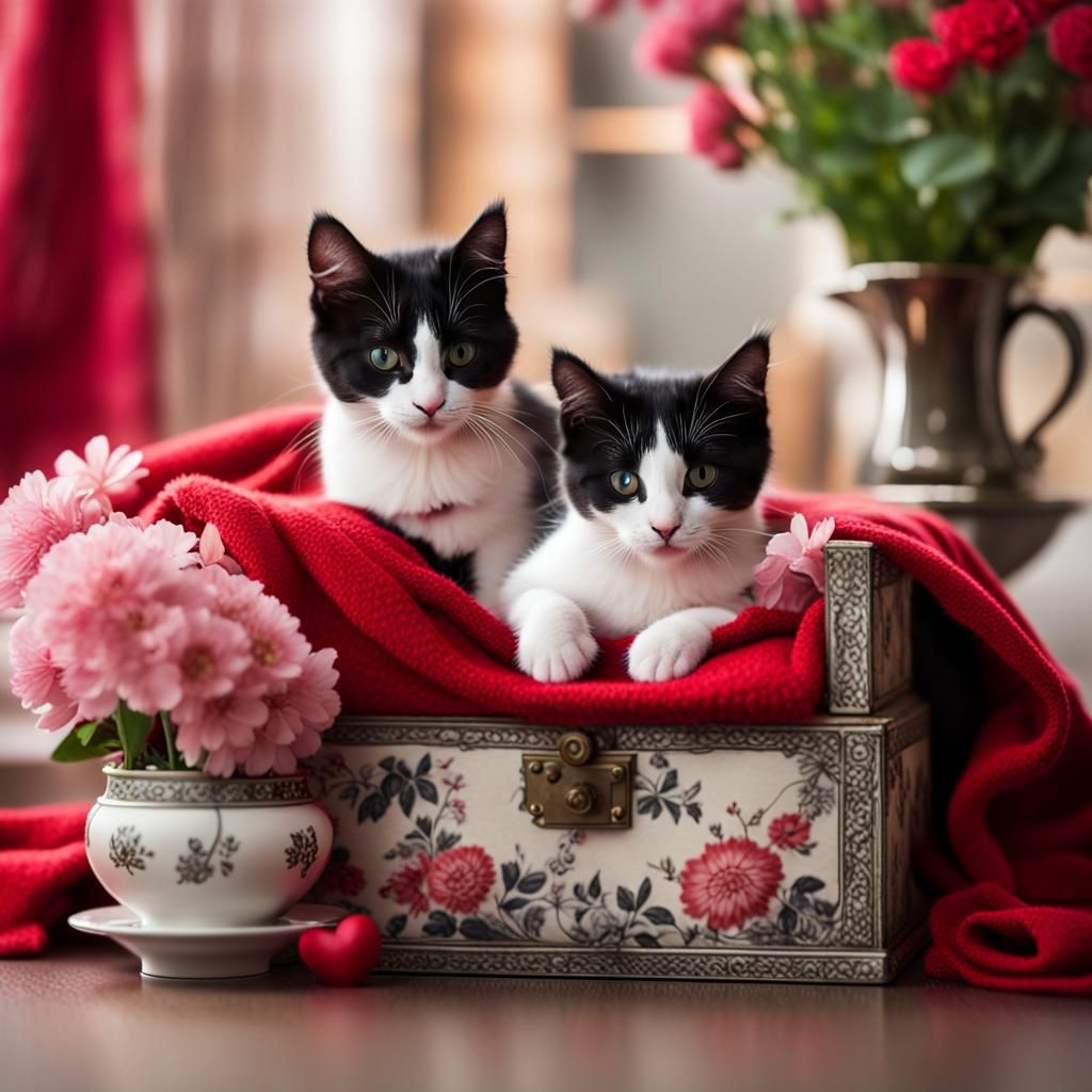 Black and White Cat with Kittens in Box