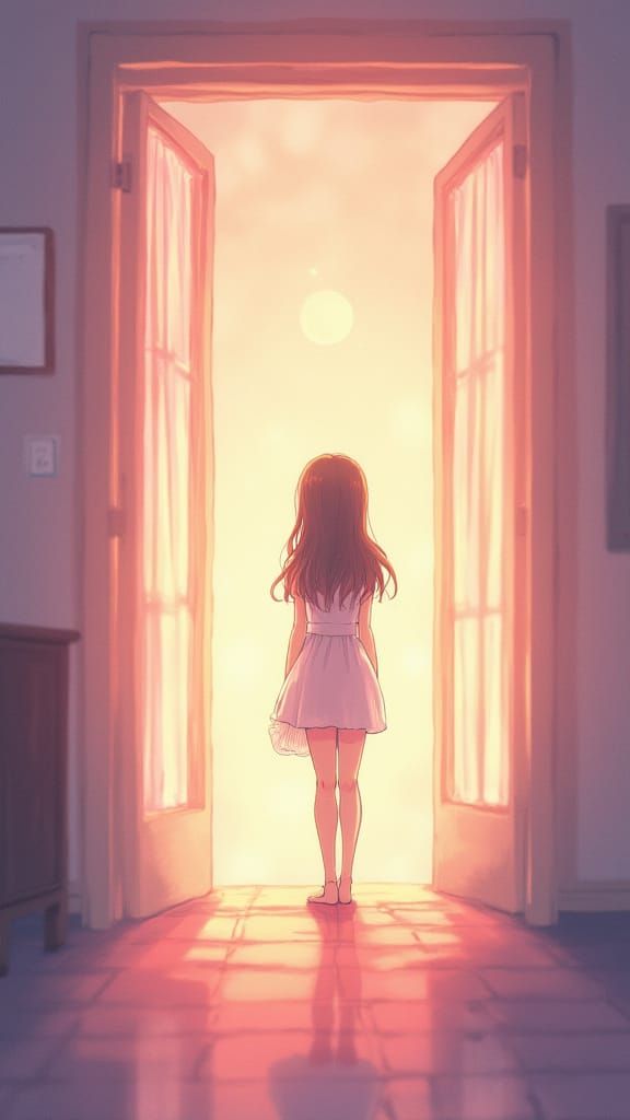 Anime Girl in Dreamy Room with Warm Pastel Colors