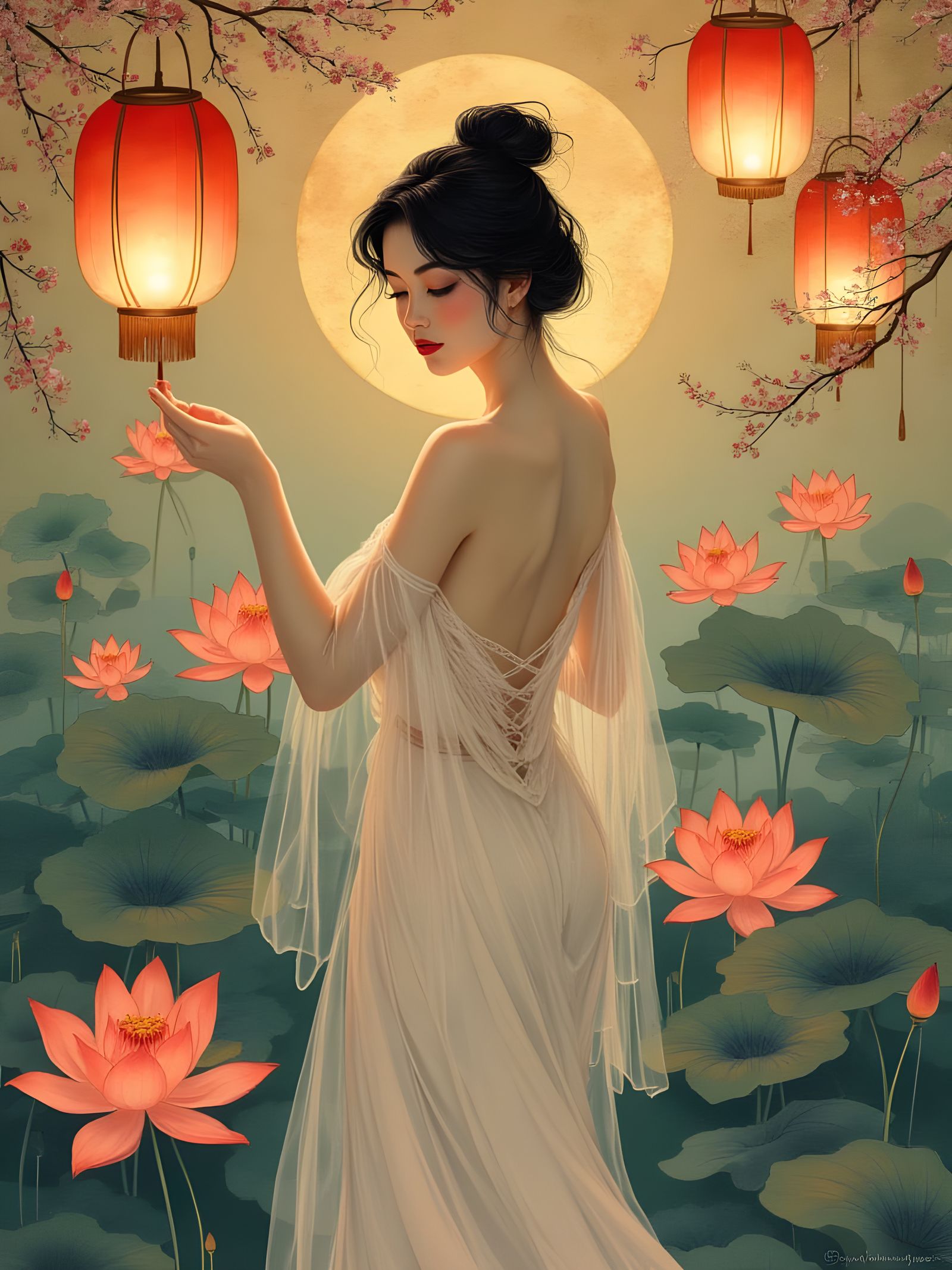 Spring Lotus with Floating Lanterns in Folk Art Style