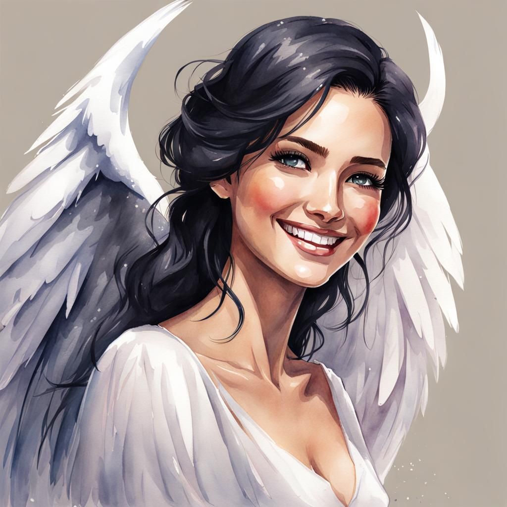 Smiling Dark-Haired Angel in Watercolor Style