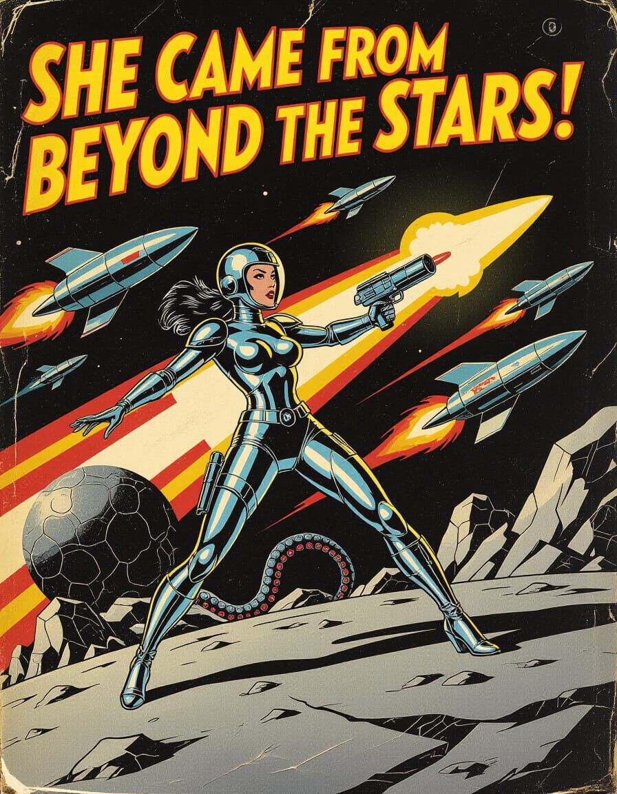 Spacewoman Battles Aliens in Retro Sci-Fi Pulp Art