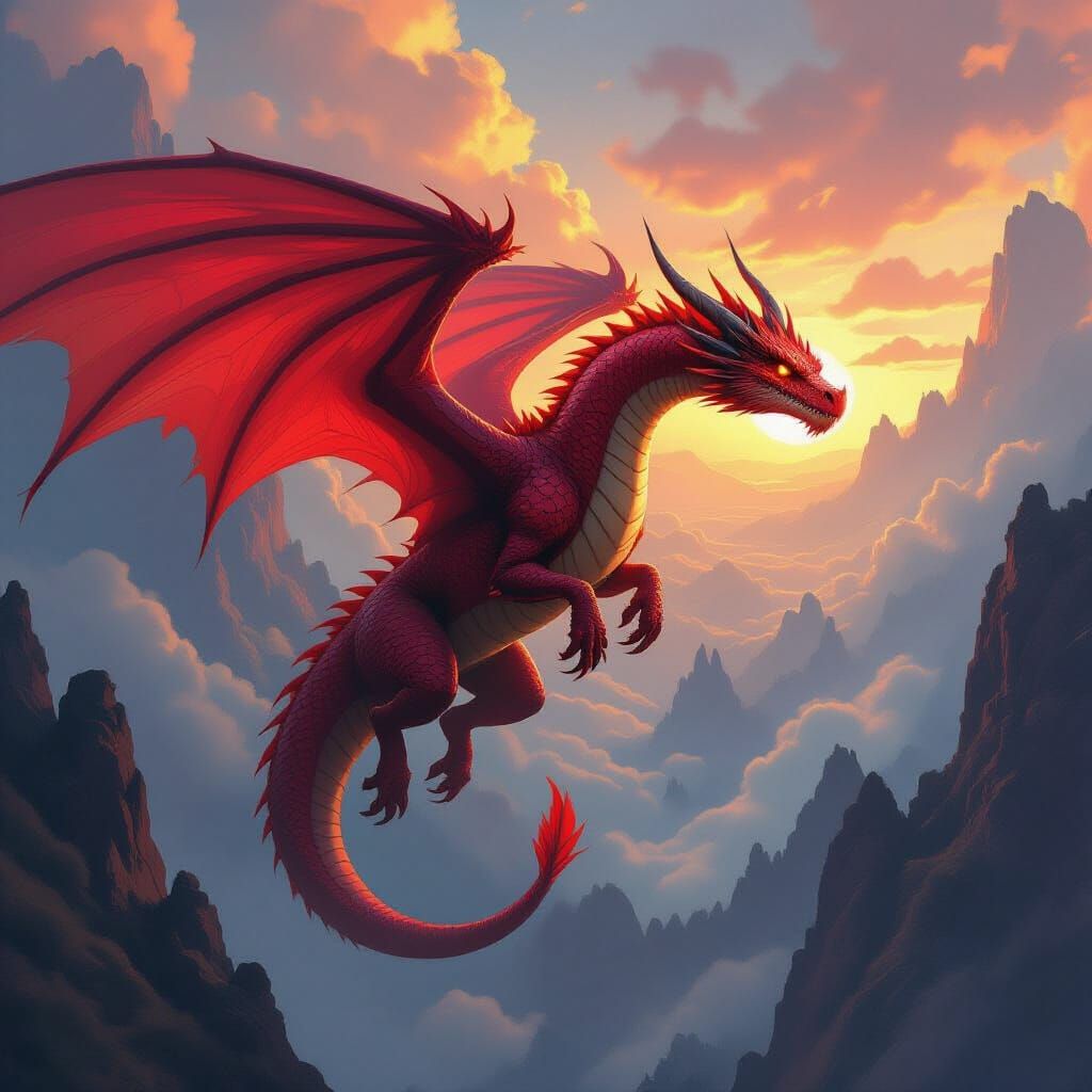 Majestic Fire Dragon Soaring in Ethereal Realm