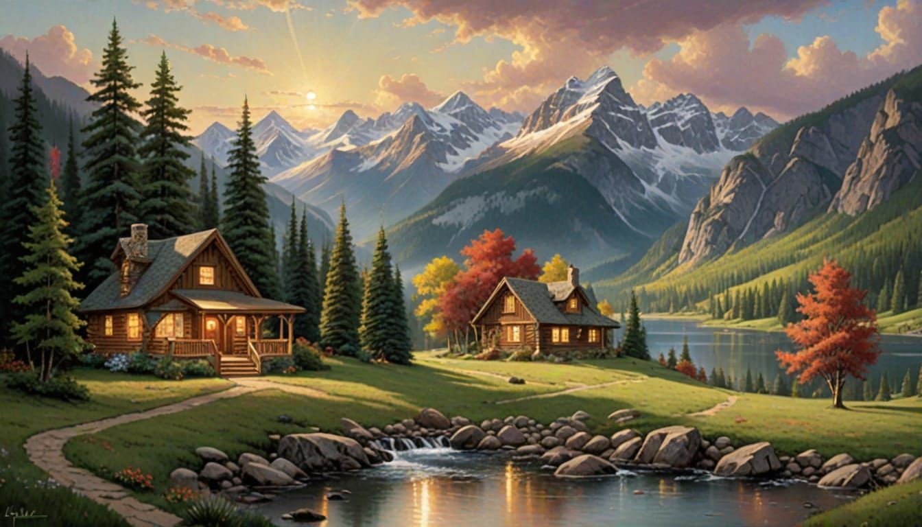 Cozy Cabin in Rockies, Mountain Landscape Painting