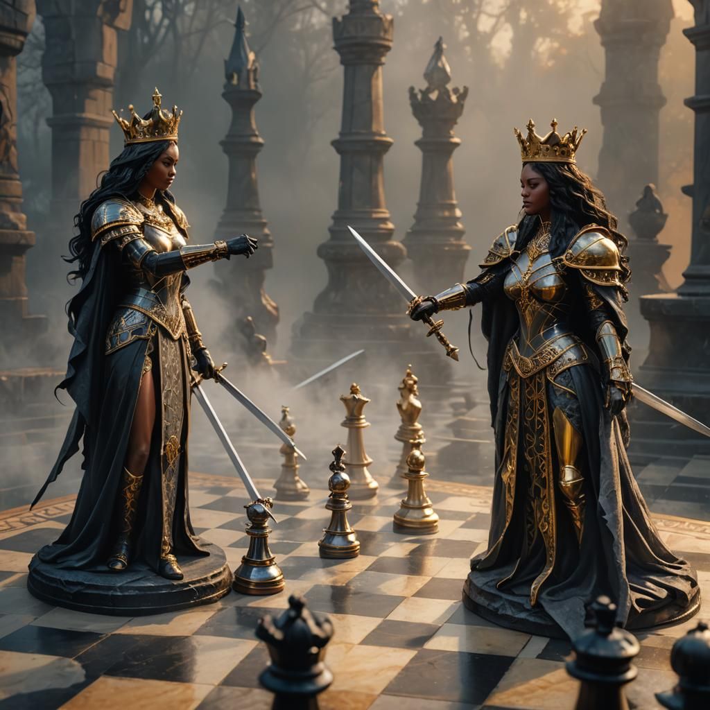 Granite Chess Queens Clash in Dramatic Digital Art