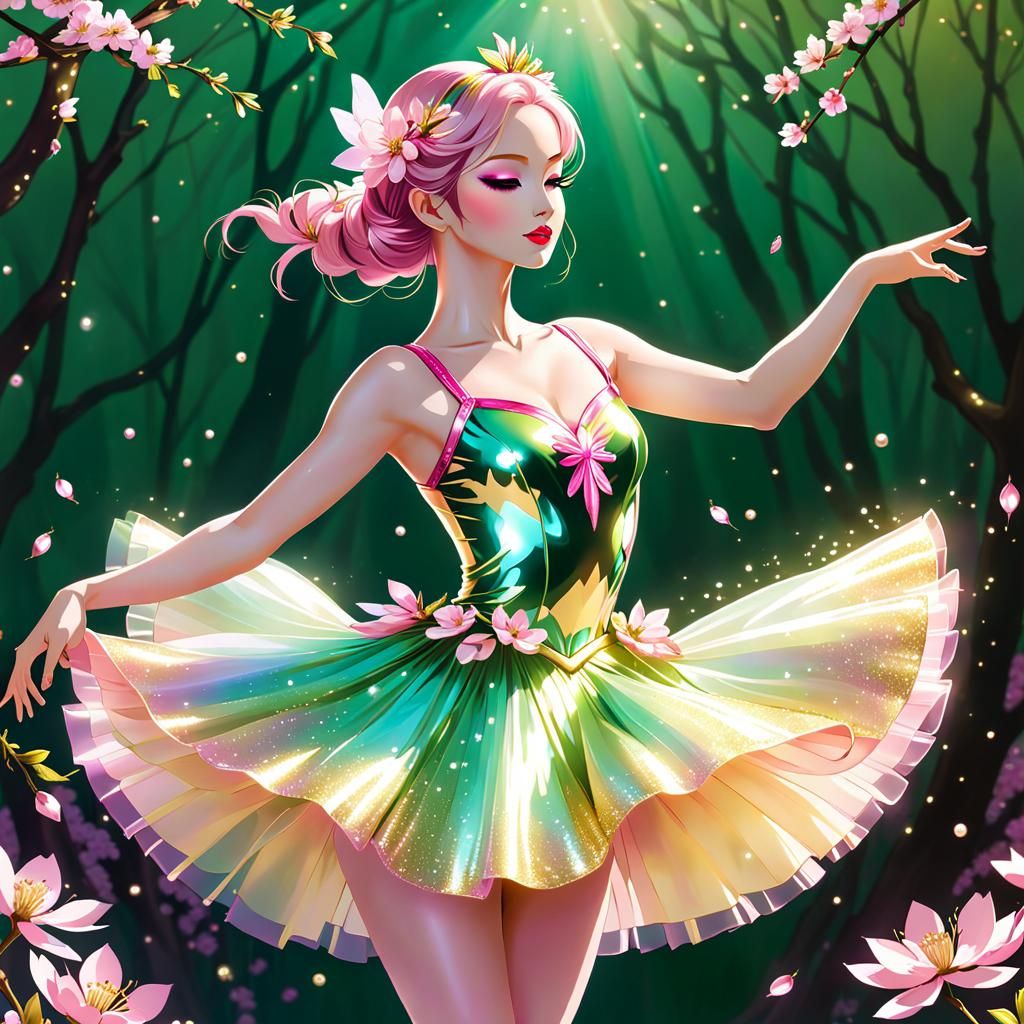 Fairy Ballerina Dances on Sakura Flower, Digital Art