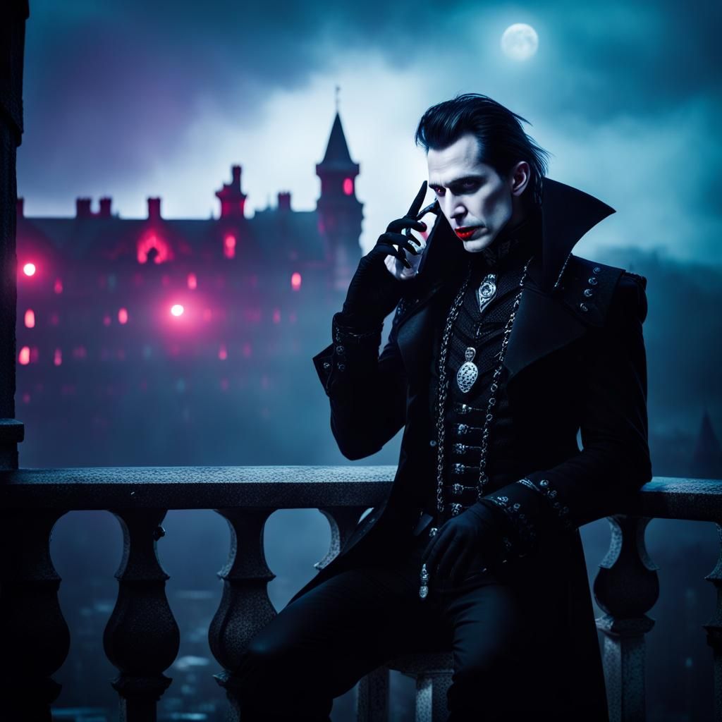 Gothic Vampire on Phone in High-Tech Castle