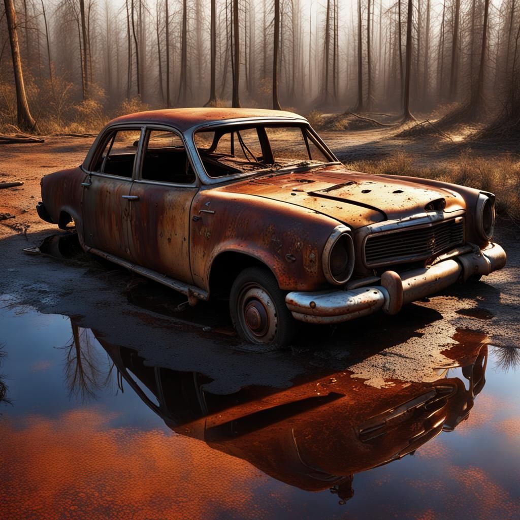 Abandoned Burnt Car in Photorealistic Style