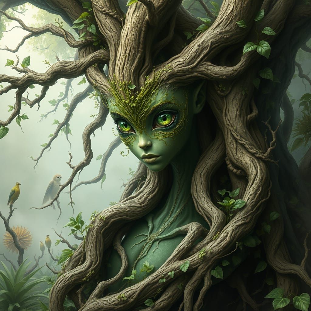 Surreal Dryad Emerges from Ancient Tree in Mystical Hyperrea...