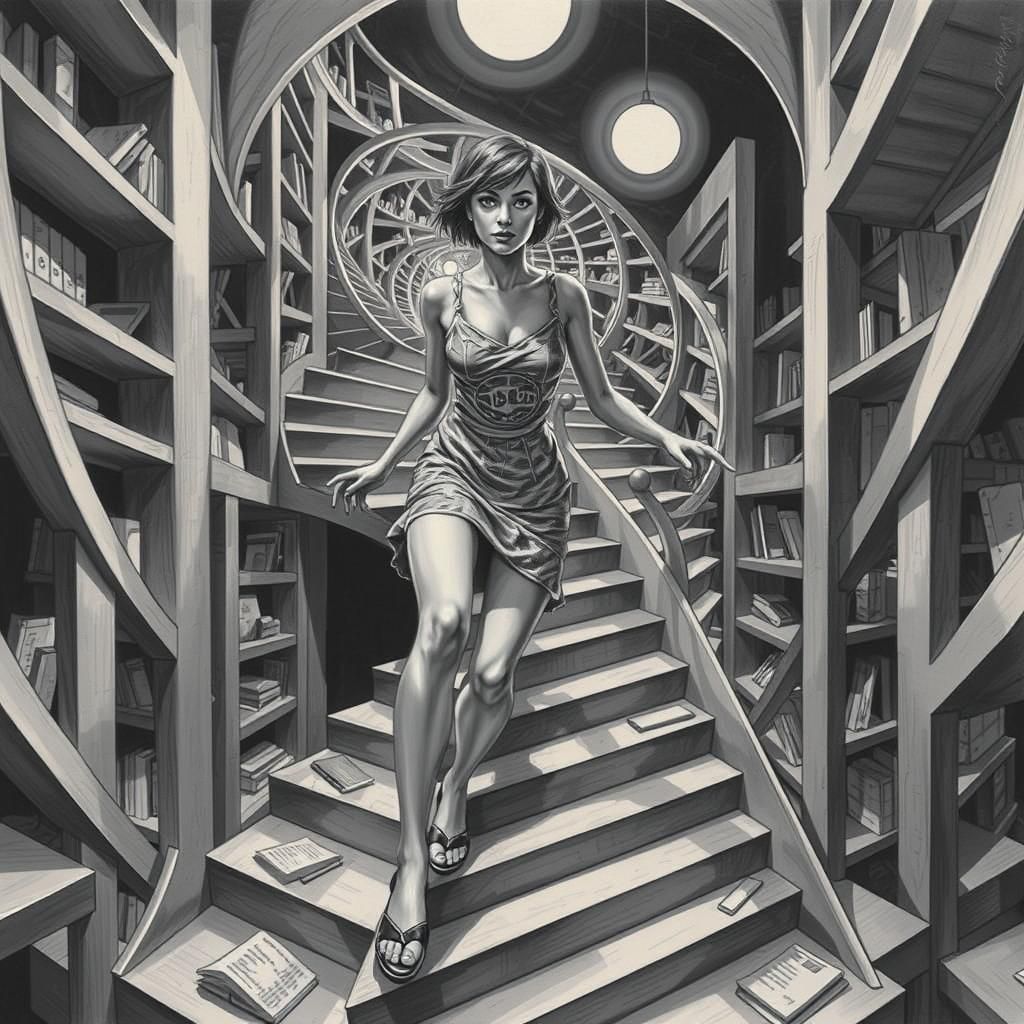 Enigmatic Woman in Escher-Inspired Kaleidoscope