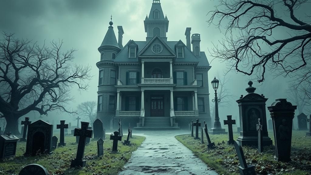 Eerie Victorian Mansion with Graveyard in Dark Fantasy Style