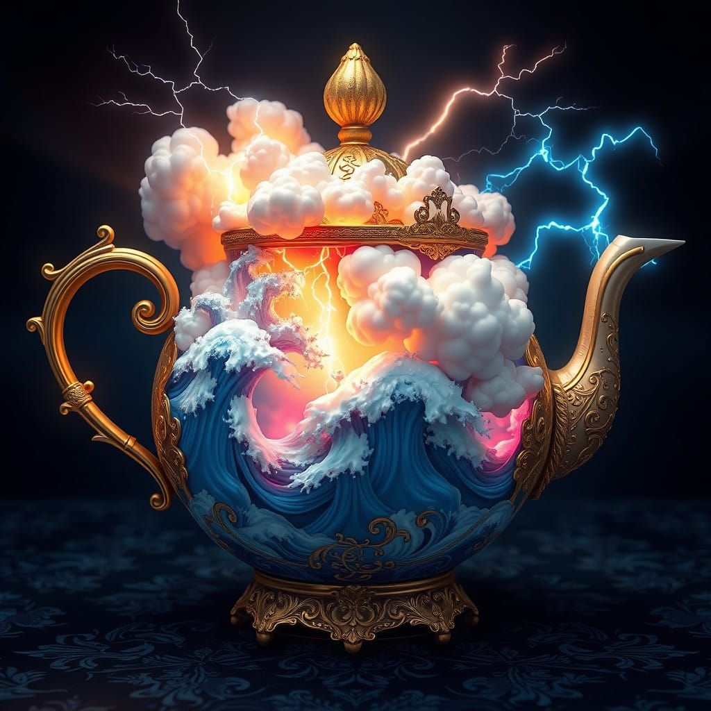 Whimsical Teapot Tempest in Golden Filigree