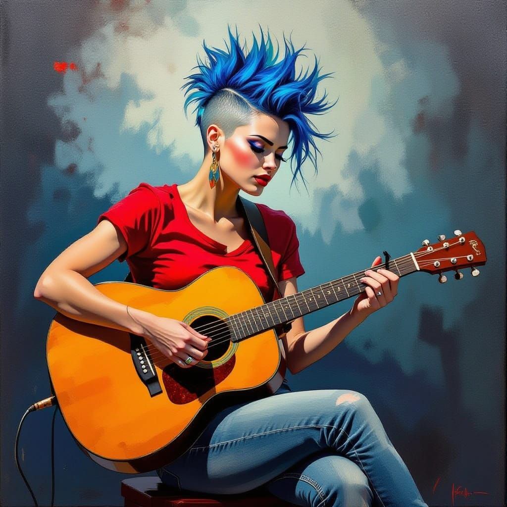 Mohawk Woman Plays Guitar in Surreal Expressionist Style