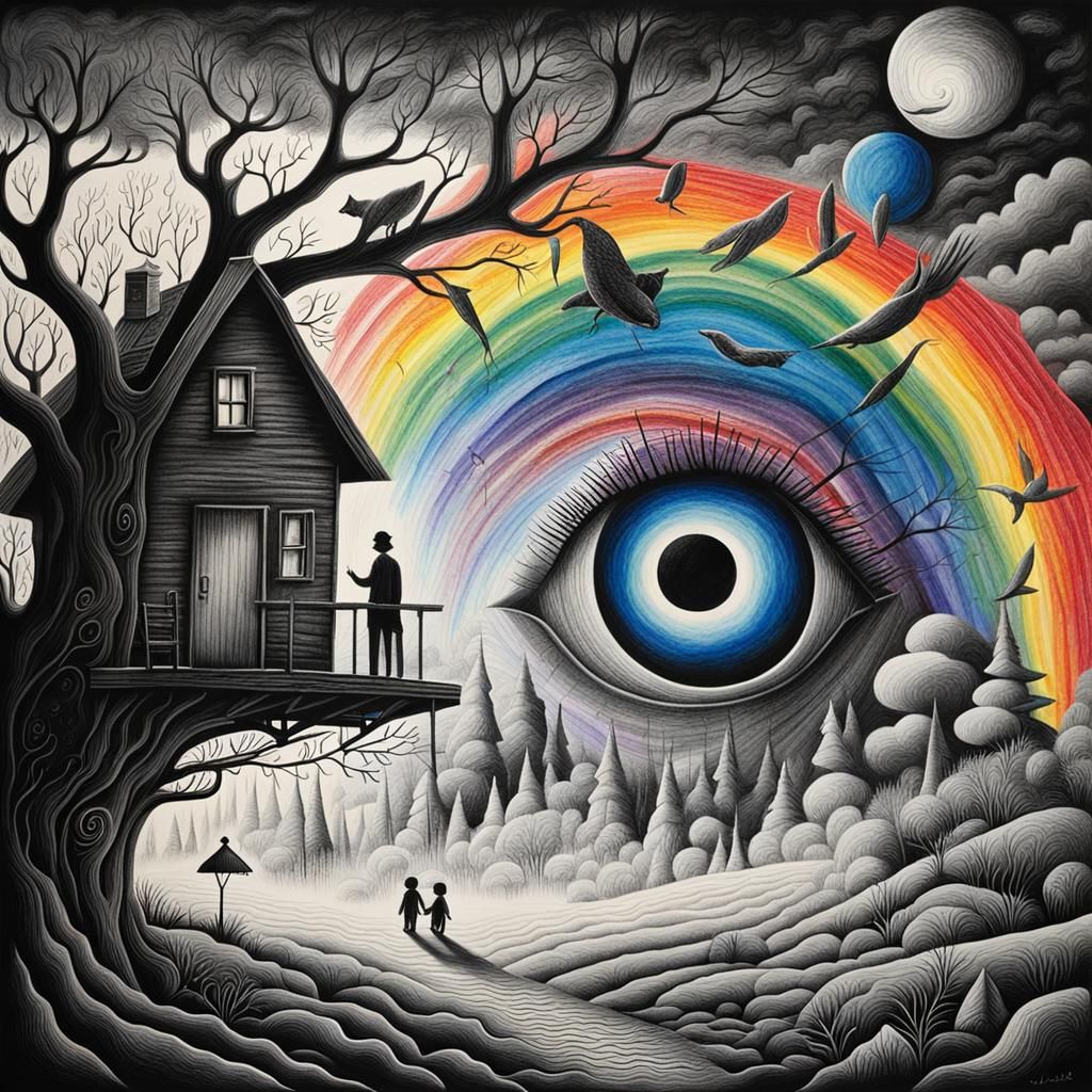 Imagine a surreal visual scene as if it was drawn by childre...