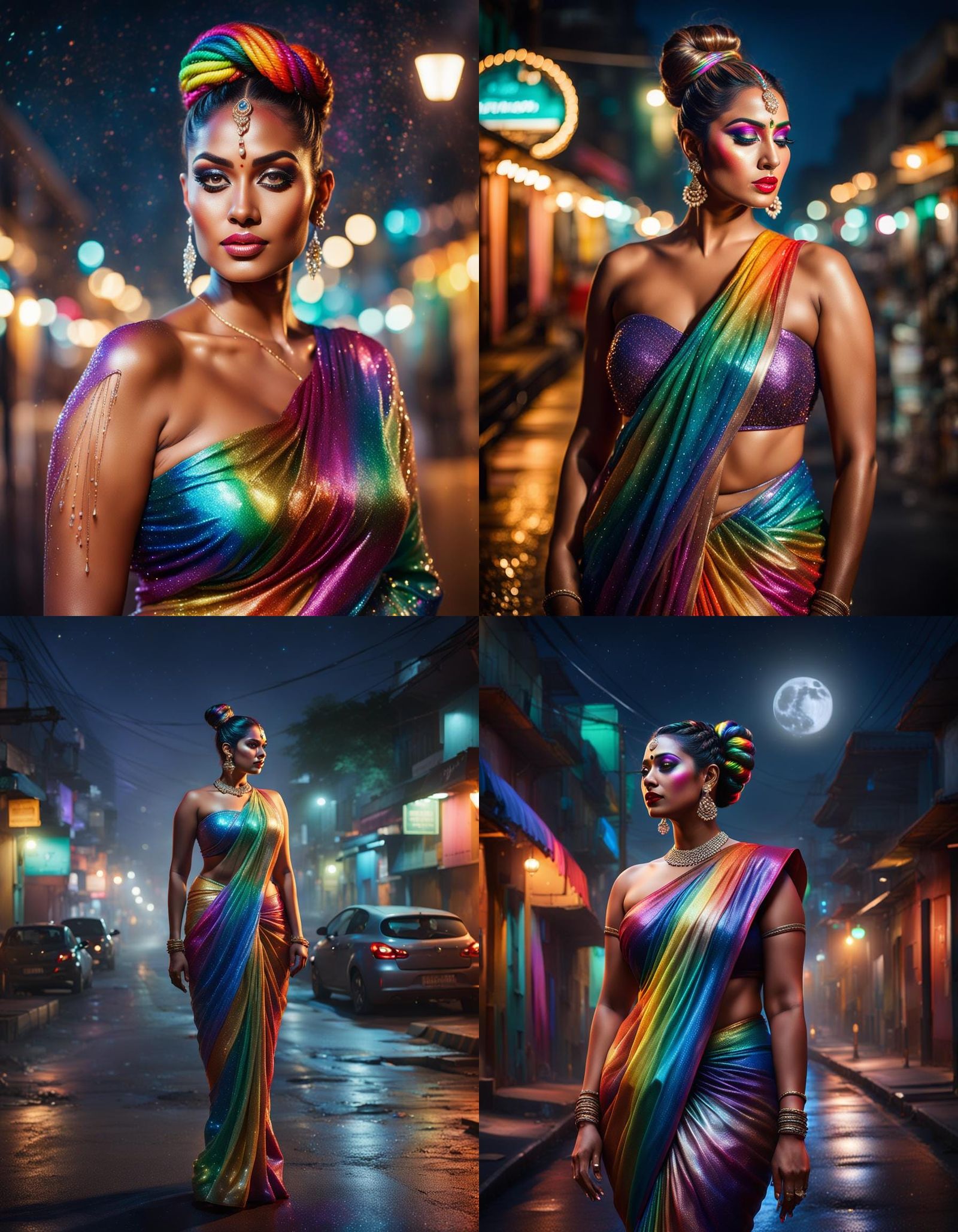 Curvy Woman in Rainbow Saree, Night Portrait