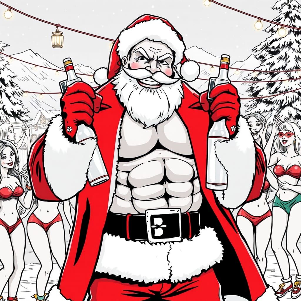 Muscle Santa at Après-Ski Party: Line Art