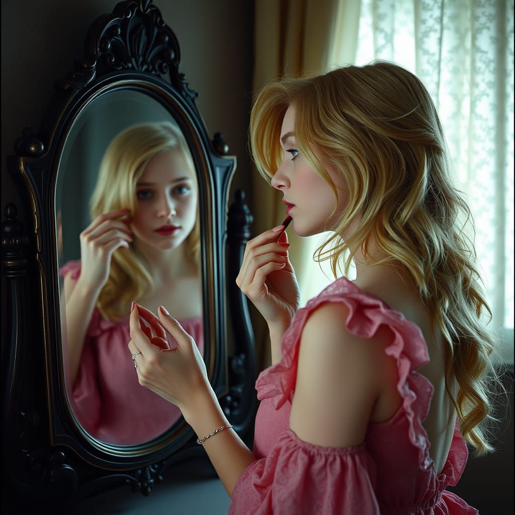 Man in Pink Dress Applies Lipstick, Fantasy Realism