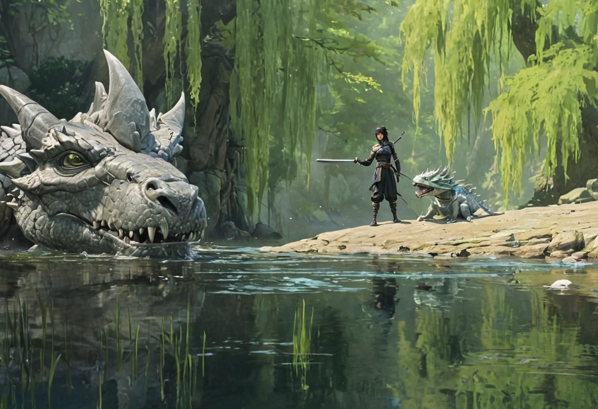 Teenage Ninja Girl Chatting with Dragon